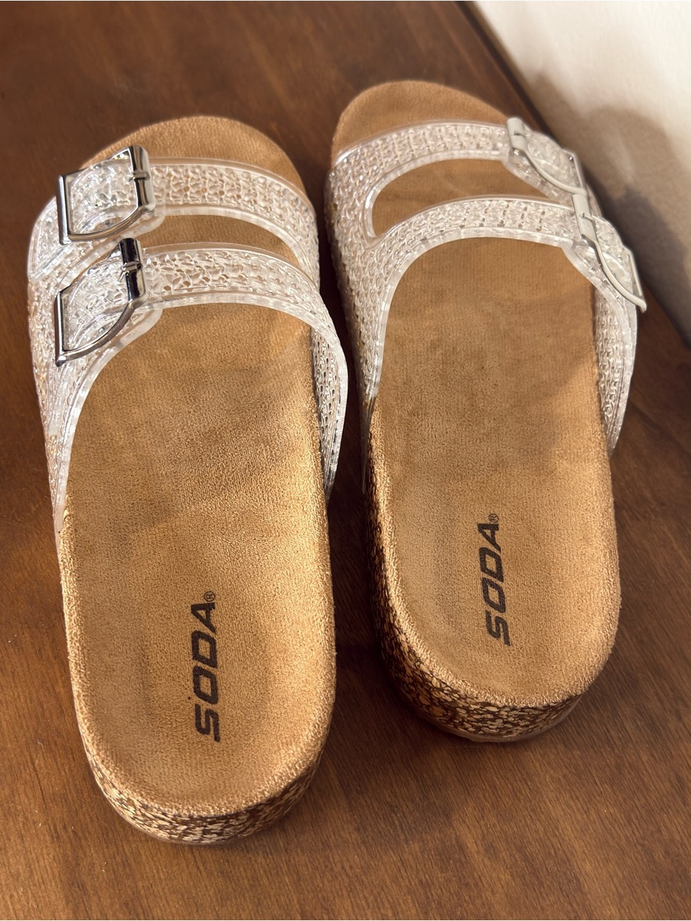 Clear Double-Buckle Cork Slide Sandals with Silver Buckles - Picture 4 of 8